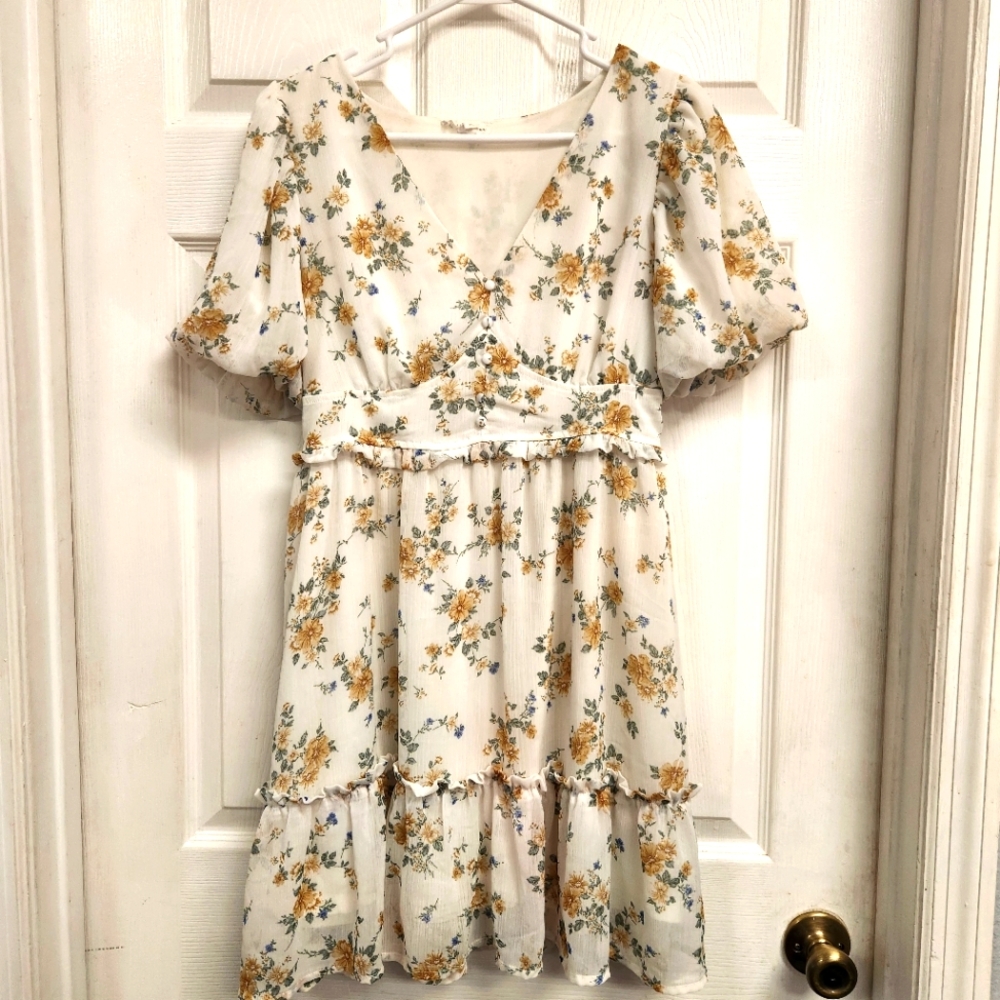 By The River - Floral Mini Dress in Cream and Yellow With Puff Sleeves